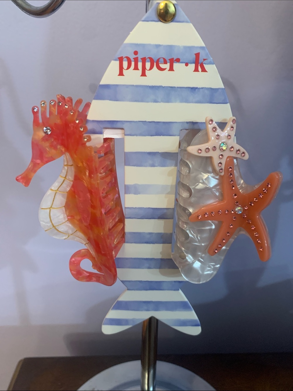 Piper-k Nautical Stripe Hair Clip Set - Coral & Pearl Accents